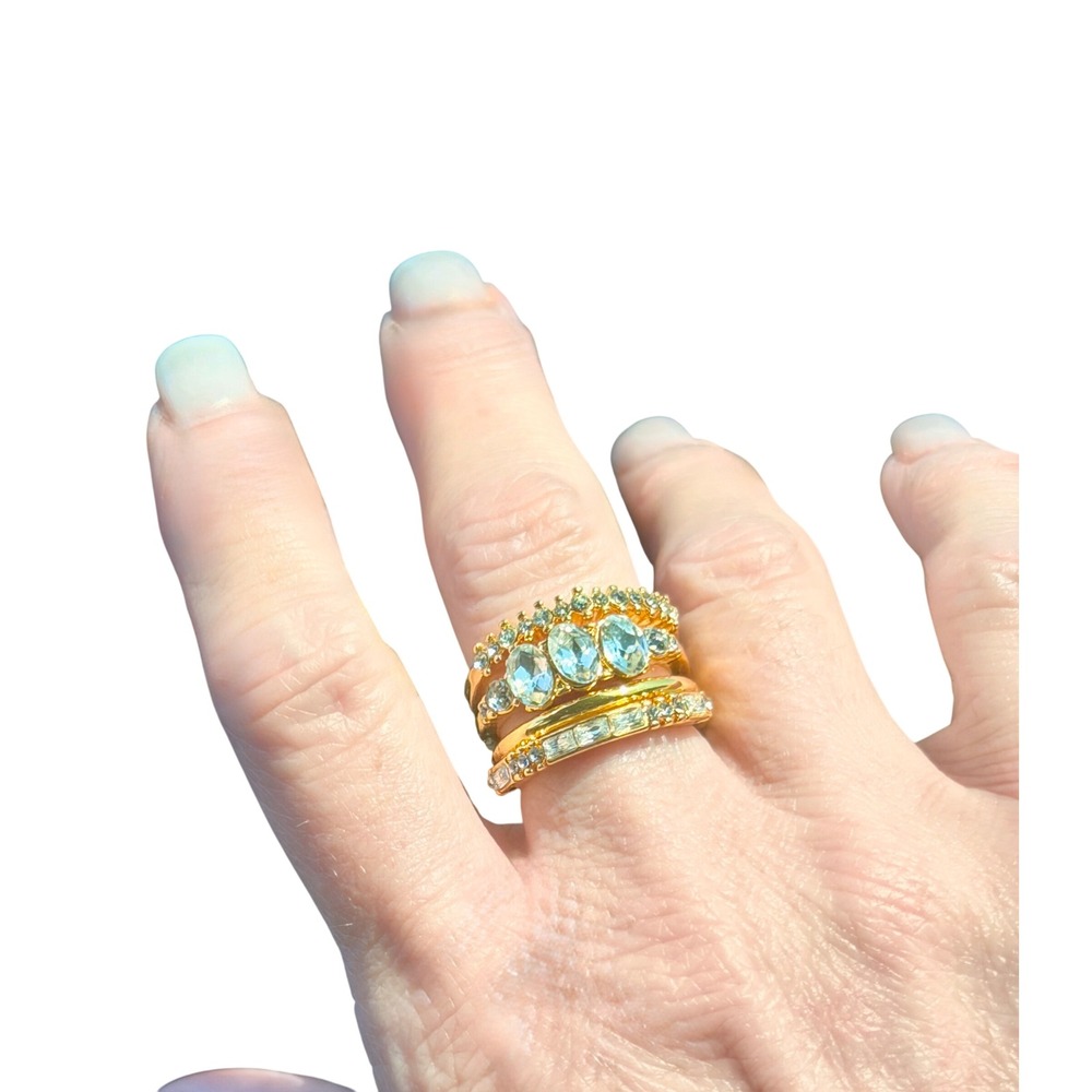 Gold Tone Stacking Ring Set clear Oval Crystal Baguette Pavé Bands 4 Piece Set